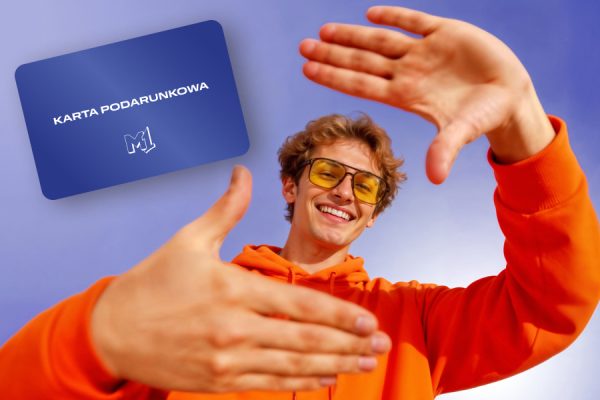 grafika przedstawiająca kartę podarunkową i mężczyznę