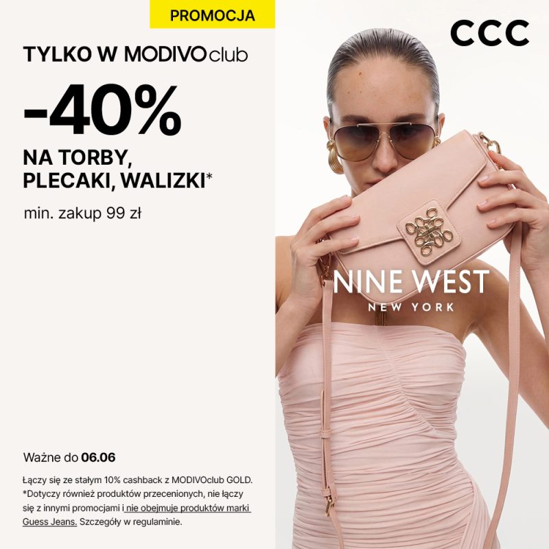 Grafika informująca o promocji w CCC M1 Częstochowa: -40% na torby, plecaki i walizki dla członków MODIVOclub przy zakupach za min. 99 zł.