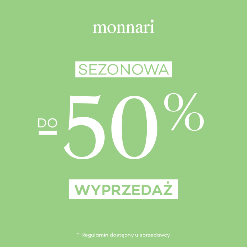 Grafika promocyjna w kolorze zielonym sklepu Monnari, informująca o promocji do -50%.