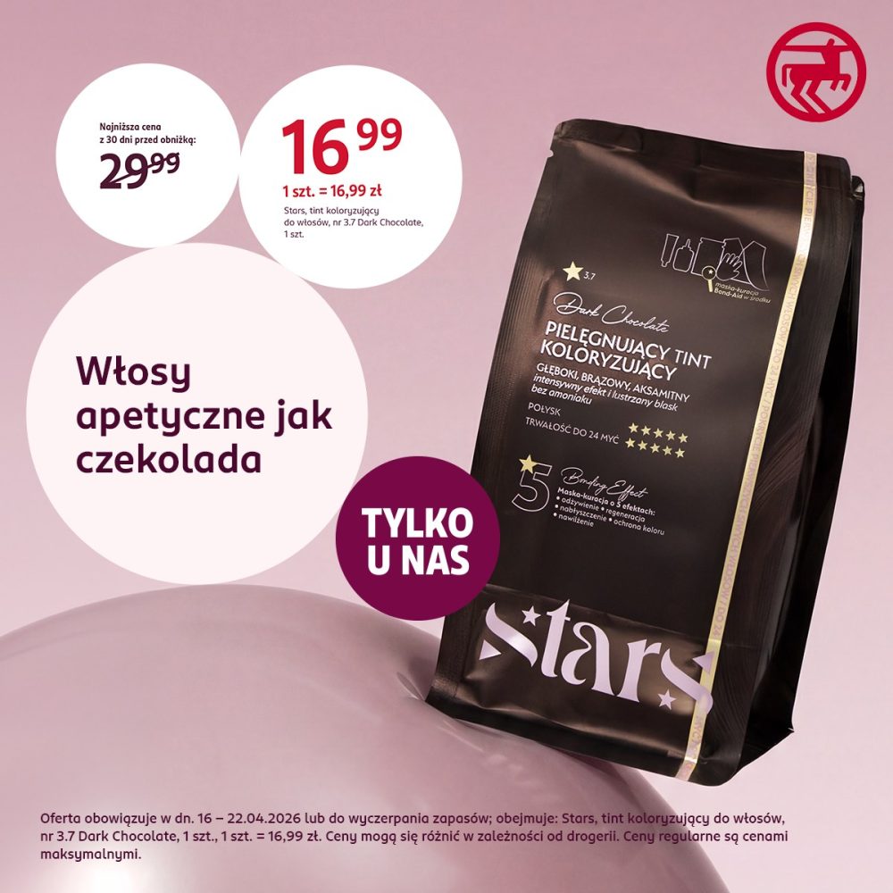 Grafika promująca najnowsze oferty w drogerii Rossmann. Na zdjęciu widać tint do włosów marki Stars w promocyjnej cenie 16,99 zł.
