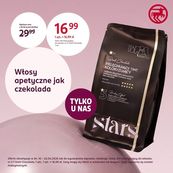 Grafika promująca najnowsze oferty w drogerii Rossmann. Na zdjęciu widać tint do włosów marki Stars w promocyjnej cenie 16,99 zł.