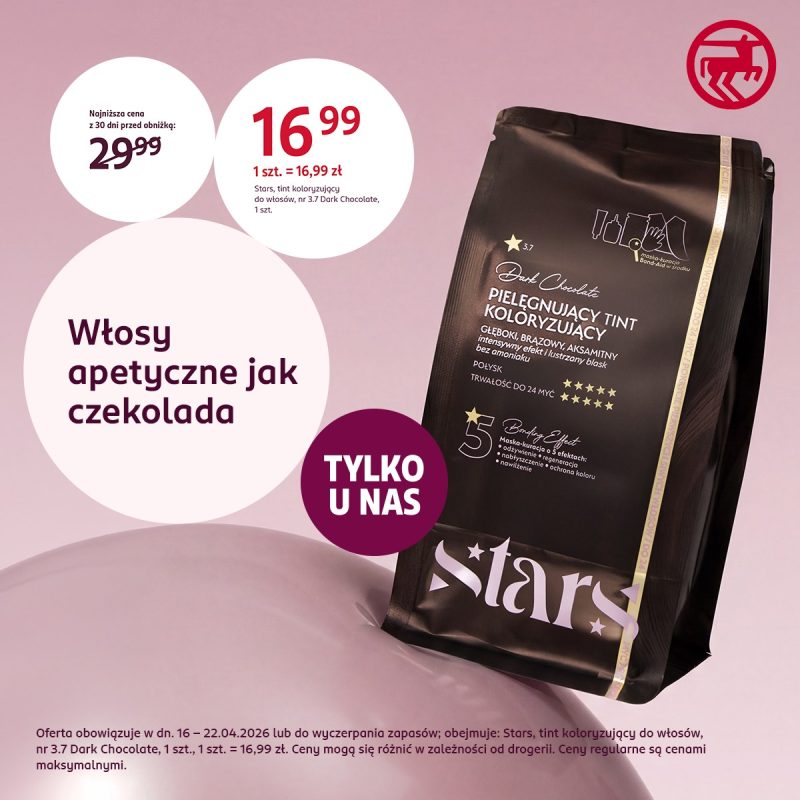 Grafika promująca najnowsze oferty w drogerii Rossmann. Na zdjęciu widać tint do włosów marki Stars w promocyjnej cenie 16,99 zł.