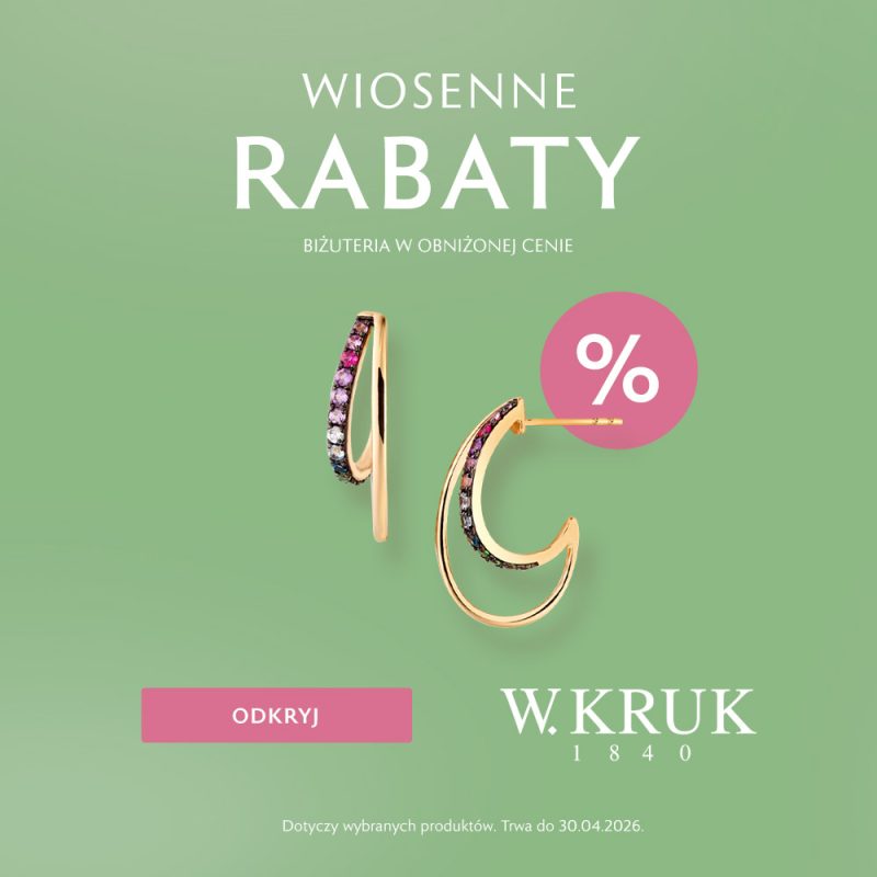 Grafika promocyjna marki W.KRUK informująca o wiosennej akcji rabatowej na biżuterię i zegarki w salonie stacjonarnym.