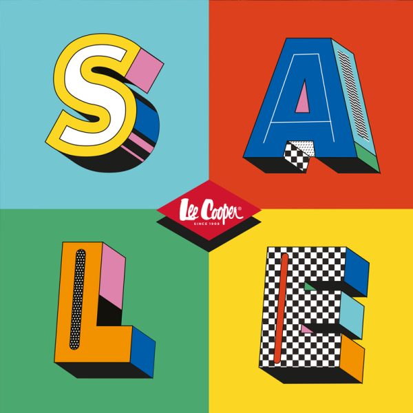 Grafika promująca wyprzedaż w Lee Cooper. Kolorowy, 3d napis SALE i logo marki Lee Cooper.