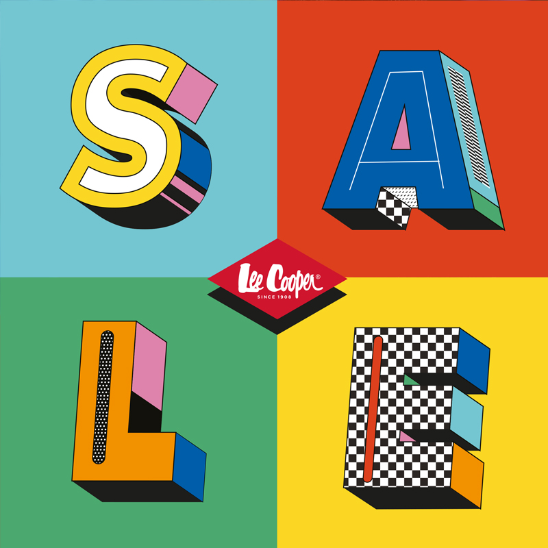 Grafika promująca wyprzedaż w Lee Cooper. Kolorowy, 3d napis SALE i logo marki Lee Cooper.
