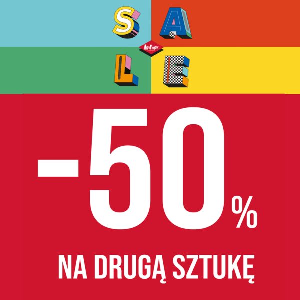 Lee Cooper promotional graphics in M1 Częstochowa. -50% on the second product. Inscriptions on 6 colored backgrounds.