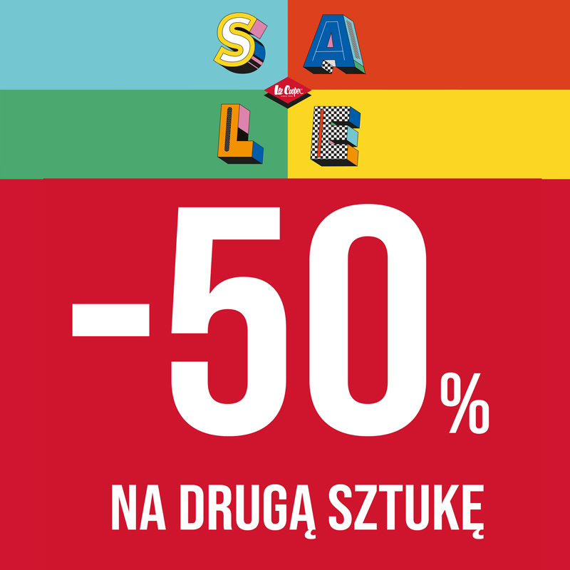 Grafika promocyjna marki Lee Cooper w M1 Częstochowa. -50% na drugi produkt. Napisy na 6 kolorowym tle.