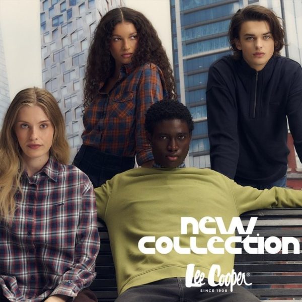 Grafika promocyjna marki Lee Cooper. Młodzież ubrana w nową kolekcję Lee Cooper.