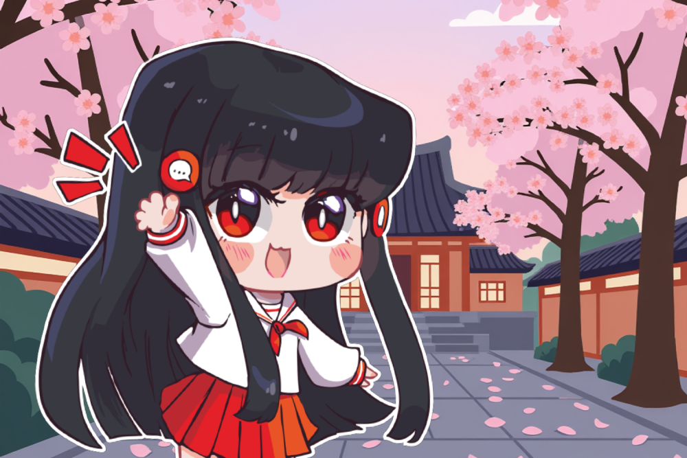 Event związany z Anime w M1 Częstochowa. Dziewczynka anime na tle świątyni i różowych drzew w Azji.