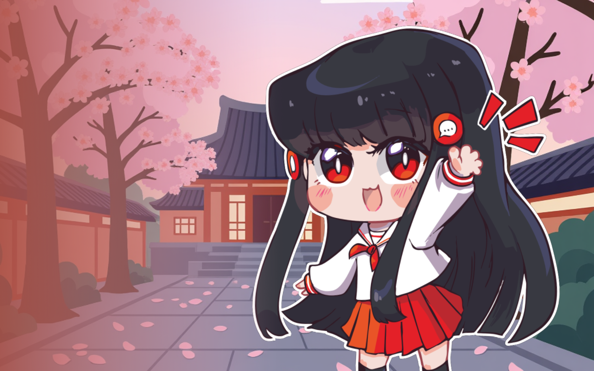 Event związany z Anime w M1 Częstochowa. Dziewczynka anime na tle świątyni i różowych drzew w Azji.