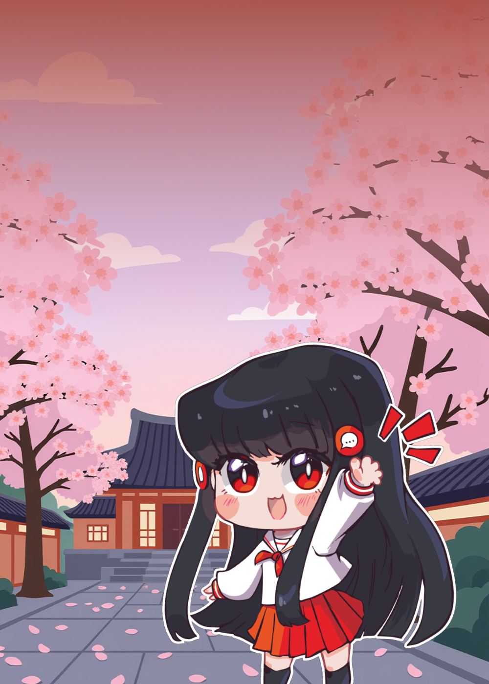 Event związany z Anime w M1 Częstochowa. Dziewczynka anime na tle świątyni i różowych drzew w Azji.