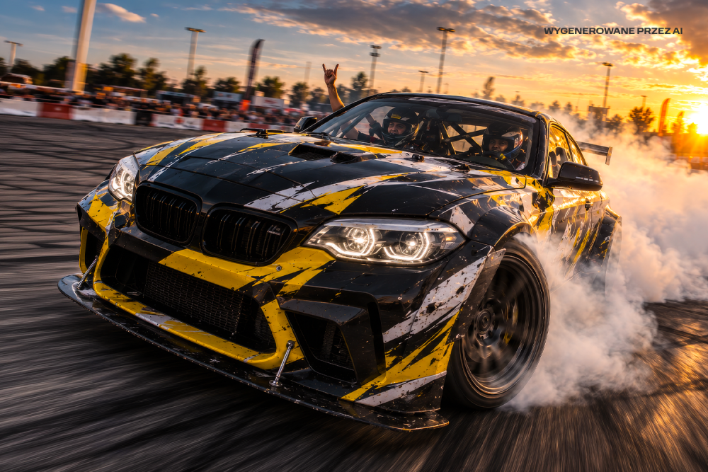 Wydarzenie Drift Cars w M1 Częstochowa. Driftujące sportowe auto BMW ujęte rybim okiem z przodu.