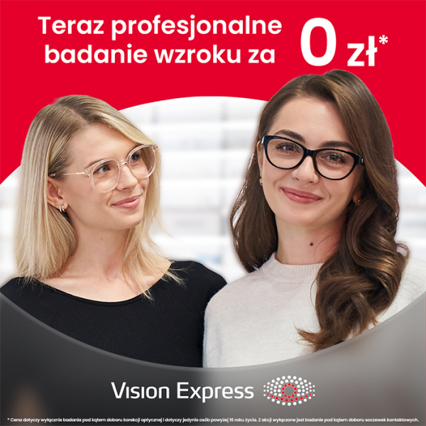 Grafika promocyjna Vision Express. 2 kobiety w okularach reklamujące badanie wzroku.