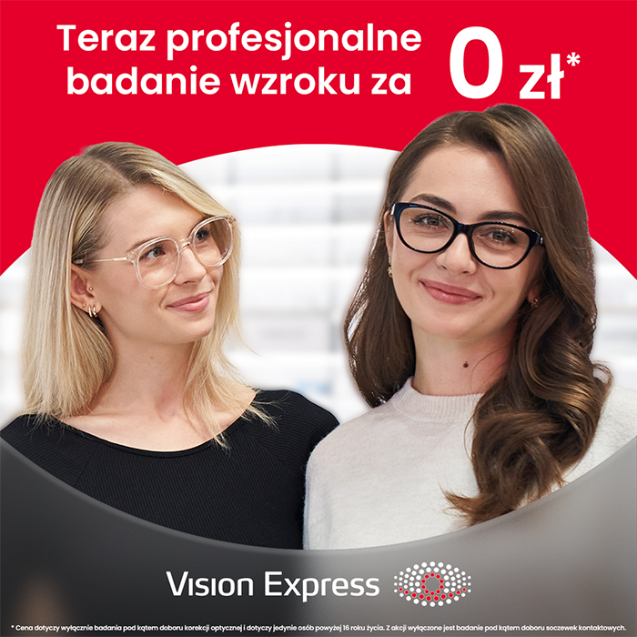 Grafika promocyjna Vision Express. 2 kobiety w okularach reklamujące badanie wzroku.