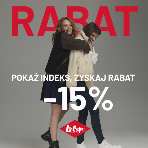 Grafika promocyjna dla studentów w Lee Cooper. -15% z pokazaniem INDEKSU. Przytulające się dziewczyny.