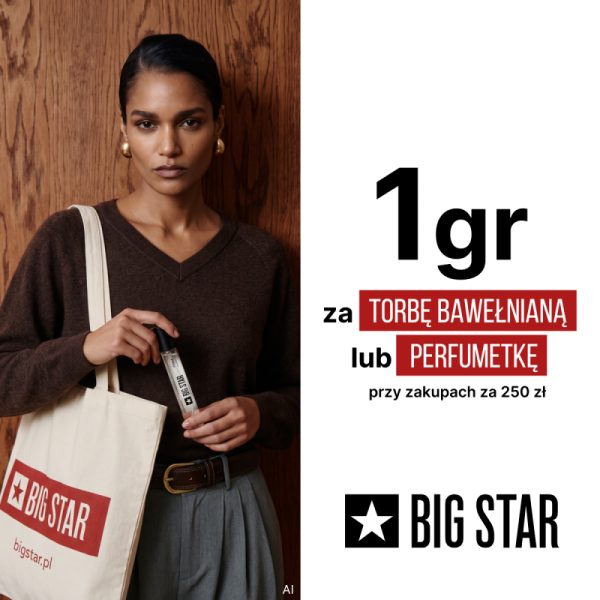 Grafika promocyjna marki BIG STAR. Ciemnoskóra kobieta trzymająca perfumetkę i torbę bawełnianą.