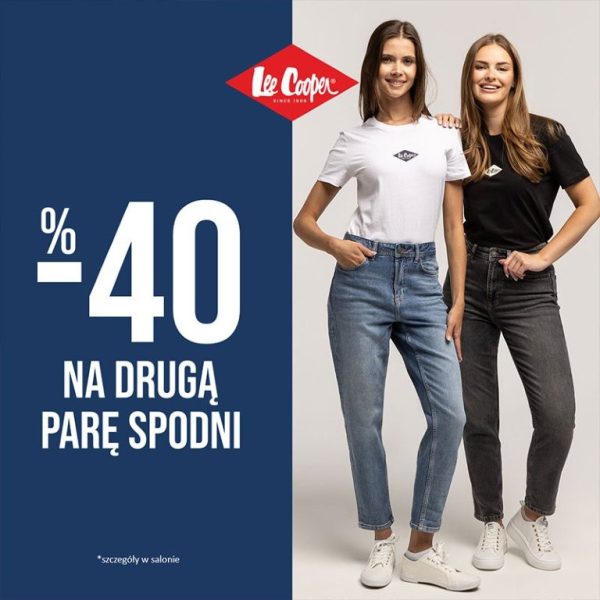 Grafika promocyjna marki Lee Cooper. 2 młode dziewczyny ubrane w jeansy reklamujące promocję -40% na drugą parę spodni.