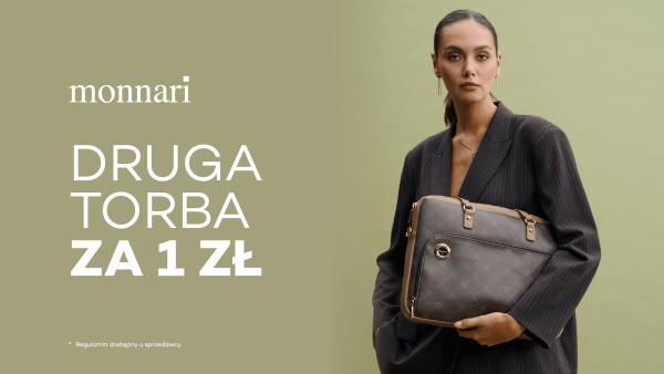 Grafika z zielonym tłem, po prawej kobieta trzymająca torbę, po lewej napis: "Monnari druga torba za 1 zł"