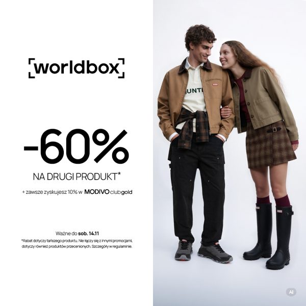 Kobieta i mężczyzna w jesiennych stylizacjach. Grafika Worldbox informuje o rabacie 60% na drugi, tańszy produkt, także przeceniony, do 14 listopada.